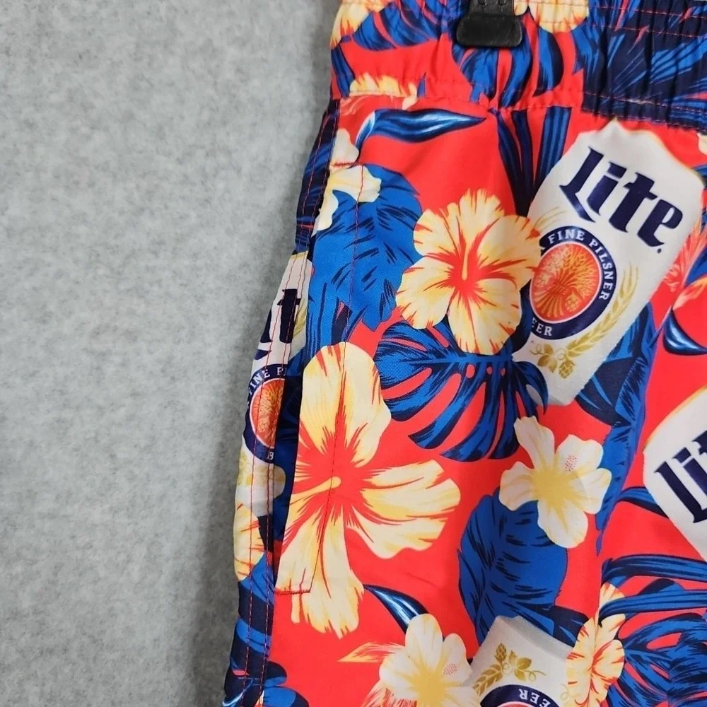 Miller Lite Tropical Floral Swim Trunk Shorts Mens Size‎ Med New Hawaiian Beach